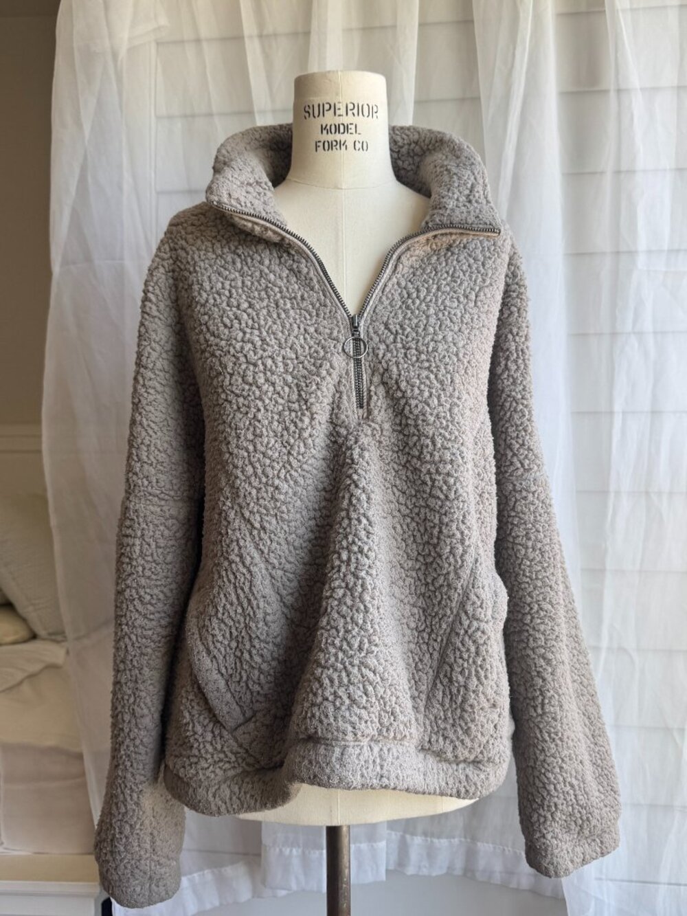 beige teddy half zip jacket